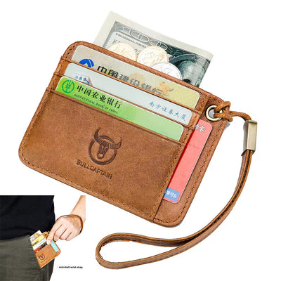 LinkMejor Men's Genuine Leather Credit Card Holder Mini RFID Protection Card Bag Thin Coin Purse with Rope
