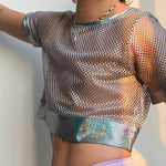 LinkMejor Mens Tshirt Fashion Shiny Mesh Patchwork See Through Fishnet Short Sleeve T-Shirt Summer Cool Short Top