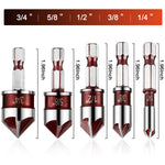 5PCS Countersink Drill Bit Set 82 Degree 5 Flute Uncoated Hex Shank 1/4 to 3/4 Inch for Wood Metal Plastic Chamfering Deburring