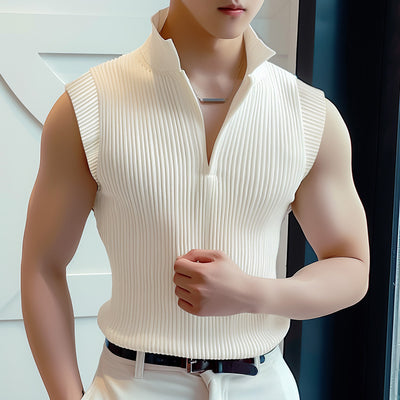 LinkMejor Mens Solid Knit Textured Notched Neck Vest Elastic Sleeveless Tank Top for Male