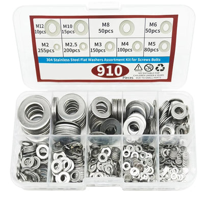910pcs/200pcs 9 Sizes 304 Stainless Steel Flat Washers Assortment Kit M2 M2.5 M3 M4 M5 M6 M8 M10 M12 Suitable for Electronic Components