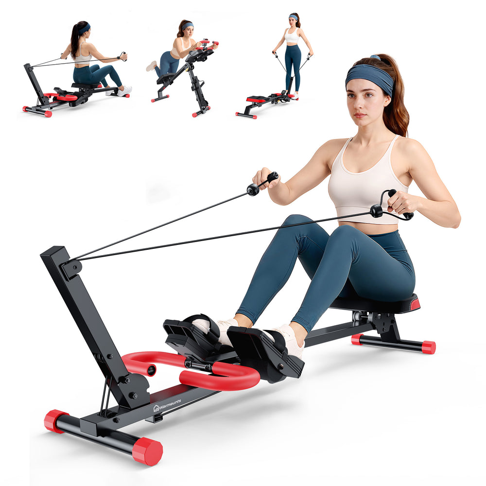 LinkMejor 4 in 1 Foldable Rowing Machine with LCD Monitor 4 Levels & 4 Heights 120kg Capacity Adjustable Ab Trainer Silent Slides Workout Rower Home Gym Equipment for Full-Body