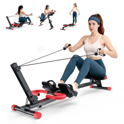 LinkMejor 4 in 1 Foldable Rowing Machine with LCD Monitor 4 Levels & 4 Heights 120kg Capacity Adjustable Ab Trainer Silent Slides Workout Rower Home Gym Equipment for Full-Body