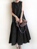 Women Sleeveless Solid Color O-neck Casual Layered Maxi Dress