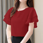 LinkMejor Women Fashion Short Sleeve Ruffles Blouse Elegant Office OL Shirt Casual O Neck Solid Tops