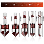 5Pcs Drill Bit Set Premium Countersink Drill Bit with 82-Degree 5 Flutes Quick-Change Hex Shank 1/4 Inch to 3/4 Inch Size for Wood Metal Plastic