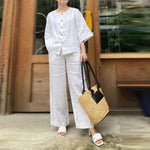 LinkMejor Women Vintage Crew Neck Long Sleeve Tops Elastic Waist Wide-Legged Pants Sets