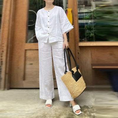 LinkMejor Women Vintage Crew Neck Long Sleeve Tops Elastic Waist Wide-Legged Pants Sets