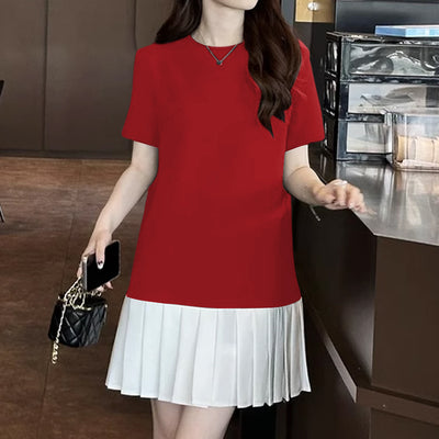 LinkMejor Fashion Style Womens Temperament Pleats Splicing Dresses Ladylike Short Sleeved Mini Contrast Dress