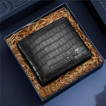 LinkMejor Business Casual Billfold Cowhide Leather Men Wallet with Gift Box Short Crocodile Pattern Holder RFID Money Clip Gift for Boyfriend Father Husband Gift