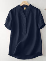 Cotton Solid Button Short Sleeve V Neck Casual Blouse