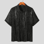 LinkMejor Mens Sequin Sparkle Glitter Patchwork T-Shirt Fashion Short Sleeve Lapel Top Tshirt for Men