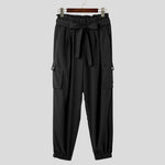 INCERUN Men Pants Tie Design Solid Color Casual Elastic Trousers Comfy Daily Solid Color Pants with Side Pockets
