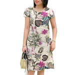 LinkMejor Womens Retro Crew Neck Raglan Sleeve Dress Floral Print Knee Length Cotton Linen Elegant Sundress