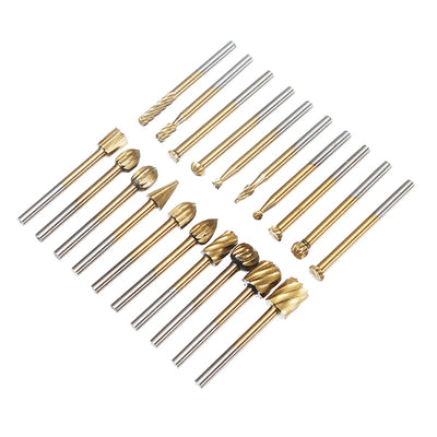 LinkMejor 20Pcs Titanium Coated Rotary File Cutters HSS Mini Burr Wood Working Milling Carving Rasp Drill Bits