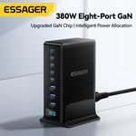 [GaN Tech] ESSAGER NCC-888 380W 8-Port USB PD Charger 3USB-A+5USB-C PD3.0/2.0 QC4.0/3.0/2.0 AFC FCP SCP DCP PPS Apple2.4A BC1.2 Fast Charging Desktop Charging Station EU Plug for iPhone 17 17Pro 16 Pro Max 15 14 for Huawei Mate XTs for OPPO for VIVO