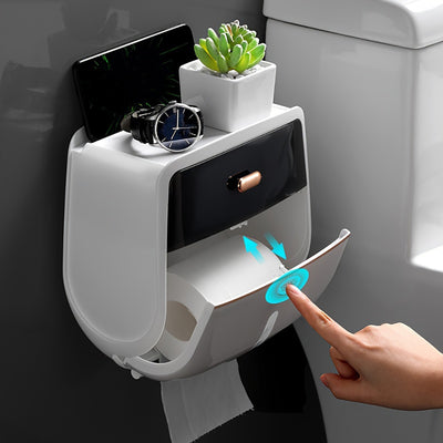 Bathroom Organizer Shelf Wall Mount Toilet Paper Holder Large Capacity Wall-mounted Double-layer Toilet Paper Holder No Drilling Installation Waterproof Paper Towel Storage Box Suitable for Bathroom Organization