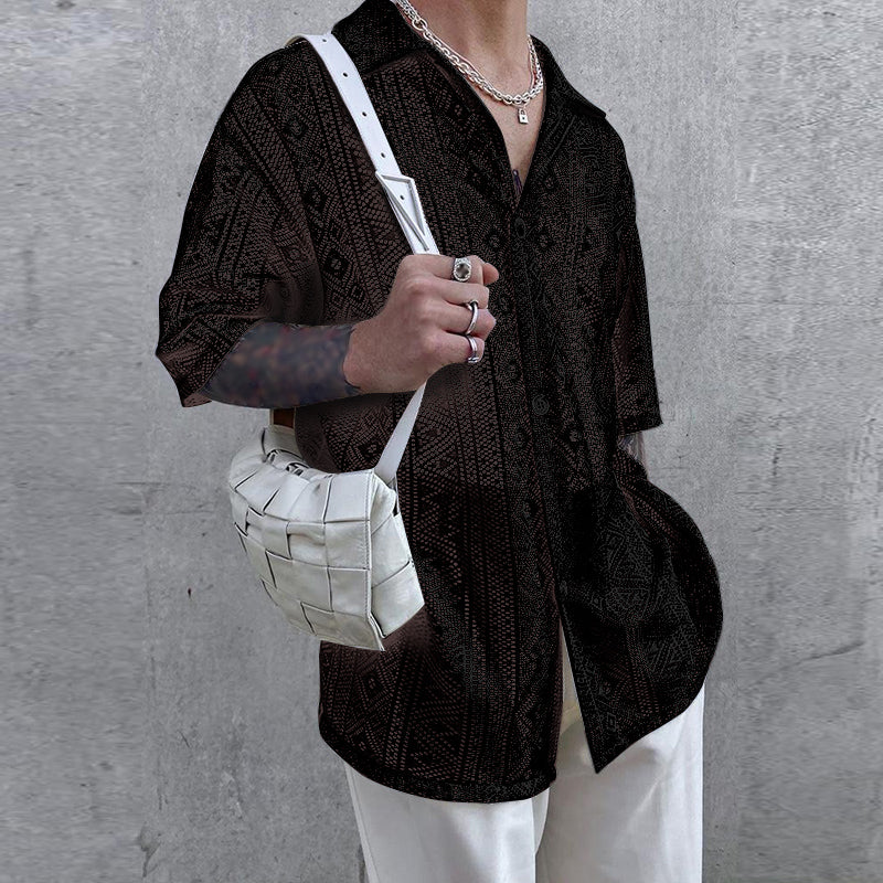 LinkMejor Men's Hollow Lace Loose Short Sleeve Shirts
