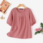 LinkMejor Women Plaid Blouses Shirt Trendy Casual Round Neck Top with Pleats Short Lantern Sleeves Shirt Loose Fit