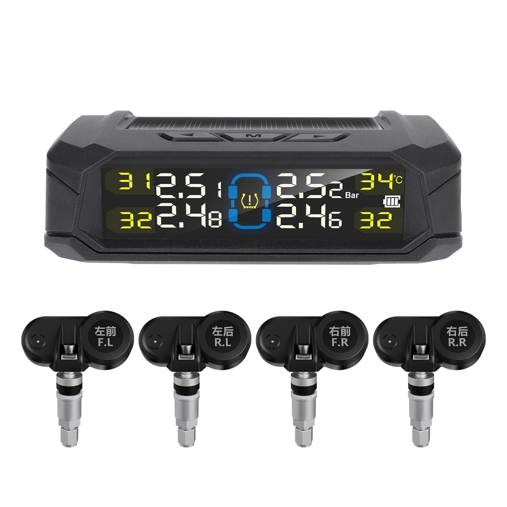 Solar-Powered Wireless TPMS 433.92MHz LED Display Car Tire Pressure Monitoring System with 4 Sensors Real-time Monitoring