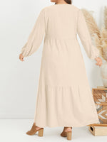 LinkMejor Plus Size Women Long Dress Solid Color V-neck Long Sleeve Causal Maxi Dress