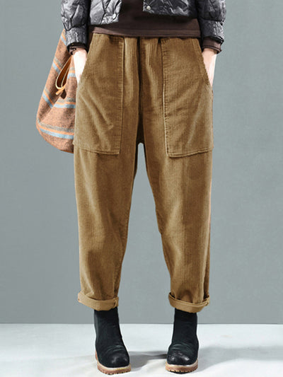 LinkMejor Corduroy Elastic Waist Solid Color Side Pocket Harem Pants