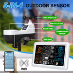 7.5" VA Tuya WiFi 5-in-1 Wireless Weather Station Auto Alarm Clock Temp-Humidity UV Sunlight Wind Rainfall Meter Solar Panel Forecast Sensor
