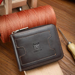 LinkMejor Retro Solid Cowhide Leather Zipper Men's Wallet Two-fold Money Clip RFID Multi-card Credit Holder