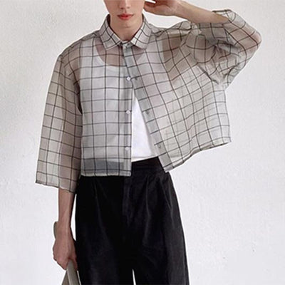 LinkMejor Men Shirt Mesh Transparent Plaid Lapel 3/4 Sleeve Short Shirt Fashion Casual Men Clothing Loose Button Camisas