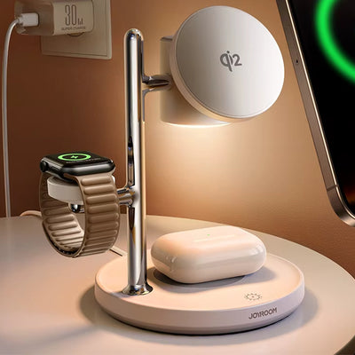 LinkMejor JR-W23 Qi2 15W 4-in-1 Magnetic Wireless Charger Stand with Touch Control Night-Lamp Fast Wireless Charging Bracket for Smart Phones for iPhone 17 17 Pro 16 15 14 Pro Max 13 12 for Xiaomi 17pro for Oppo Find X9 for Airpods for Apple Watch