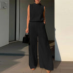 LinkMejor Women Vintage Casual Stand Neck Sleeveless Pleated Wide Leg Tops Trousers