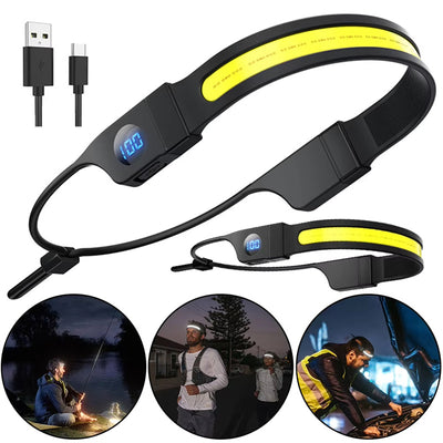 Bikight LED+COB 3 Modes COB Running Headlamp USB Rechargeable Power Dispaly Waterproof Headlight Head Torch for Camping Dog Walking Fishing Hiking Search Light