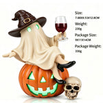 Elfeland Halloween Ghost Night Light Tipsy Ghost Pumpkin Table Lamp with Wine Glass & Skull USB Plug-in LED Decor Resin Halloween Decoration Gift