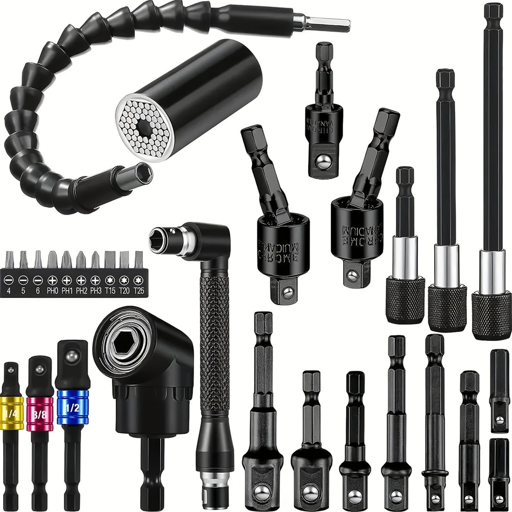 Flexible Shaft Drill Bit Extension Set 31pcs Universal Right Angle Screwdriver Hex Socket Adapter Power Drill Attachment Metal Tool
