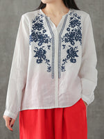 LinkMejor Plus Size Women Cotton Linen V-Neck Embroidery Patterns Casual Loose Blouse