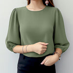 LinkMejor Women's Blouse Casual Lantern Sleeve Round Neck Shirt Plain Party Commute Pullover Tops