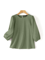 LinkMejor Women's Blouse Casual Lantern Sleeve Round Neck Shirt Plain Party Commute Pullover Tops