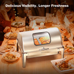 Warmounts 9QT Rectangular Roll Top Chafing Dish Buffet Set, Stainless Steel Catering Server Food Warmer with Glass Lid & Holder, Fuel Holder for Parties Wedding 63x44x42.1 cm