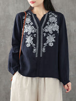 LinkMejor Plus Size Women Cotton Linen V-Neck Embroidery Patterns Casual Loose Blouse
