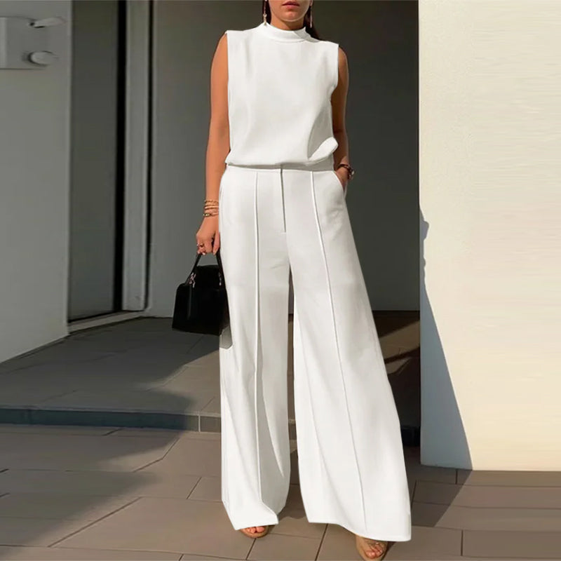 LinkMejor Women Vintage Casual Stand Neck Sleeveless Pleated Wide Leg Tops Trousers