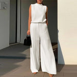 LinkMejor Women Vintage Casual Stand Neck Sleeveless Pleated Wide Leg Tops Trousers