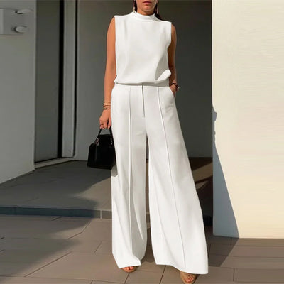 LinkMejor Women Vintage Casual Stand Neck Sleeveless Pleated Wide Leg Tops Trousers
