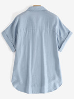 LinkMejor Women Cotton Linen Blouses Solid Button Lapel Roll Sleeve Short Sleeve Casual Shirt Plus Size