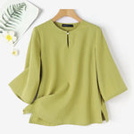 LinkMejor Women Button Summer O-Neck 3/4 Sleeve Solid Blouses Casual Cotton Linen Shirts for Women Loose Fit