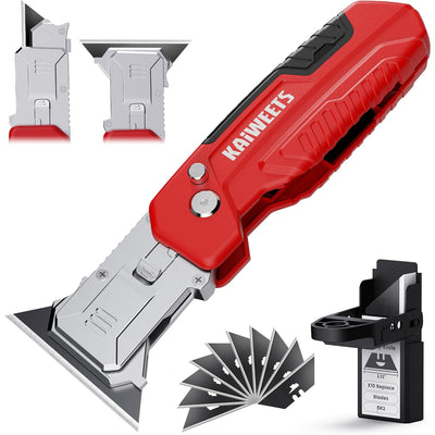 LinkMejor Utility Knife Scraper 2-in-1 Folding Box Cutter Zinc Alloy Body Retractable Design 3 Angle Locking 10pcs SK2 High Carbon Blades Heavy Duty Blade Storage EDC Tool