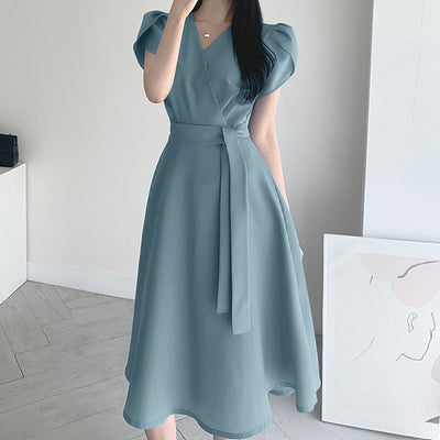 LinkMejor Womens Puff Sleeve V Neck Belted A Line Midi Dress Party Gown Long Dresses