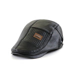 Collrown Beret Mens Adjustable PU Leather Flat Cap Stitch Newsboy Cap Driving Fishing Cabbie Hat Peaked Cap for Autumn Winter