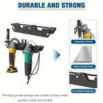 Dual Bay Metal Angle Grinder Rack Stand Wall Mount Storage with Cord Hanger Easy Assembly Holds 2 Grinders Classic Design Robust Metal Construction