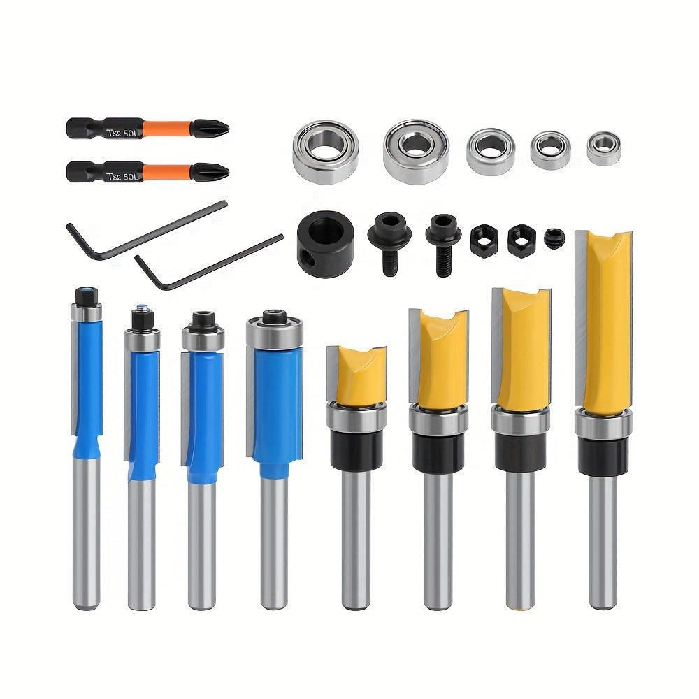 16pcs 1/4 Inch Shank Router Bit Set with Bearing Tungsten Carbide Tips Precision Bearings Steel Shanks Heat-Resistant Coating for Woodworking Trimming Grooving Forming