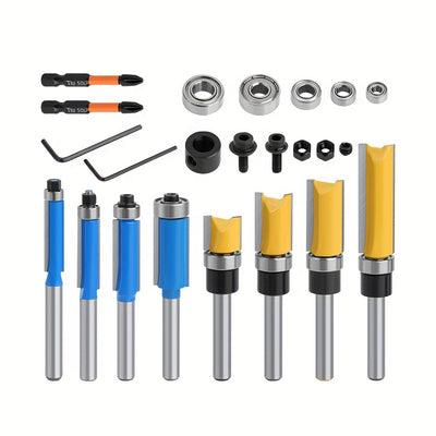 16pcs 1/4 Inch Shank Router Bit Set with Bearing Tungsten Carbide Tips Precision Bearings Steel Shanks Heat-Resistant Coating for Woodworking Trimming Grooving Forming